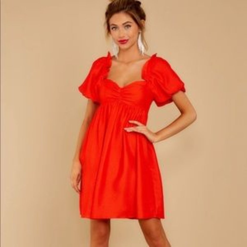 English Factory "Keep on Wishing" Mini Puff Sleeve Babydoll Dress Red Medium